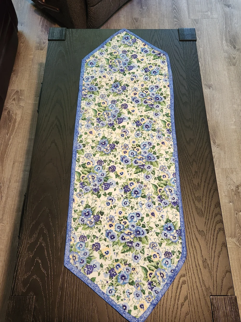 Handcrafted Blue & White Floral Quilted Reversible Table Runner with Pansies
